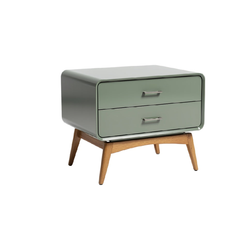 Modern Two-Drawer Nightstand with Green Glossy Finish and Wooden Legs